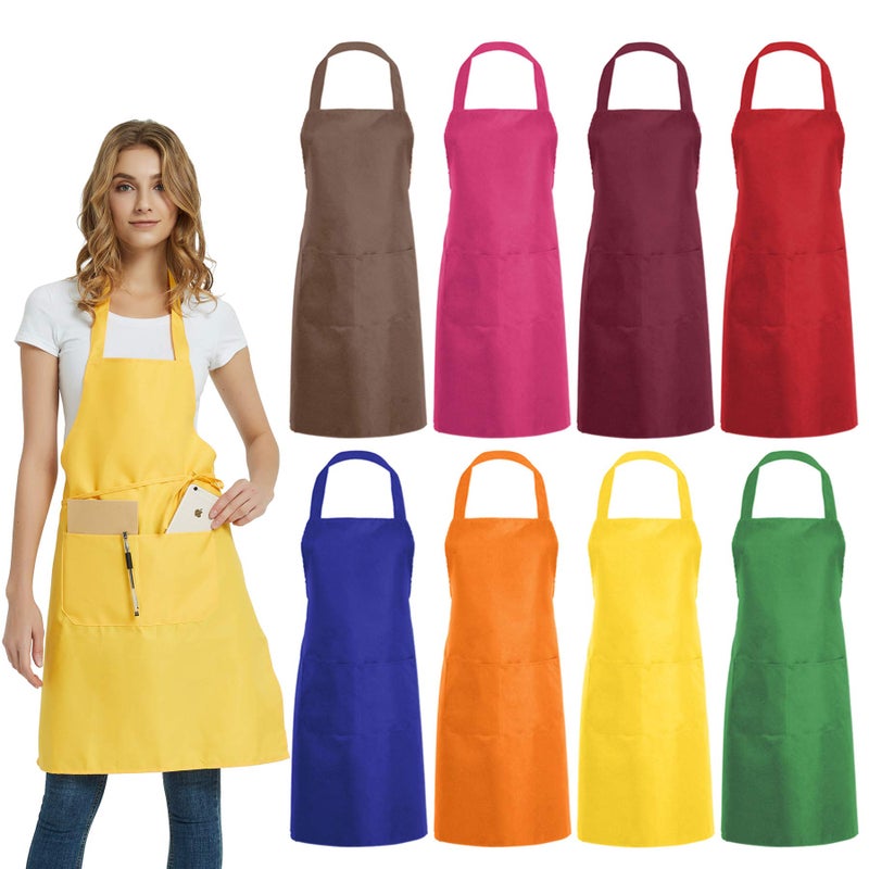 DUSKCOVE 8 PCS Plain Bib Aprons Bulk - Mixed Color Commercial Apron with 2 Pockets for Kitchen Cooking Restaurant BBQ Painting Crafting - Image 1